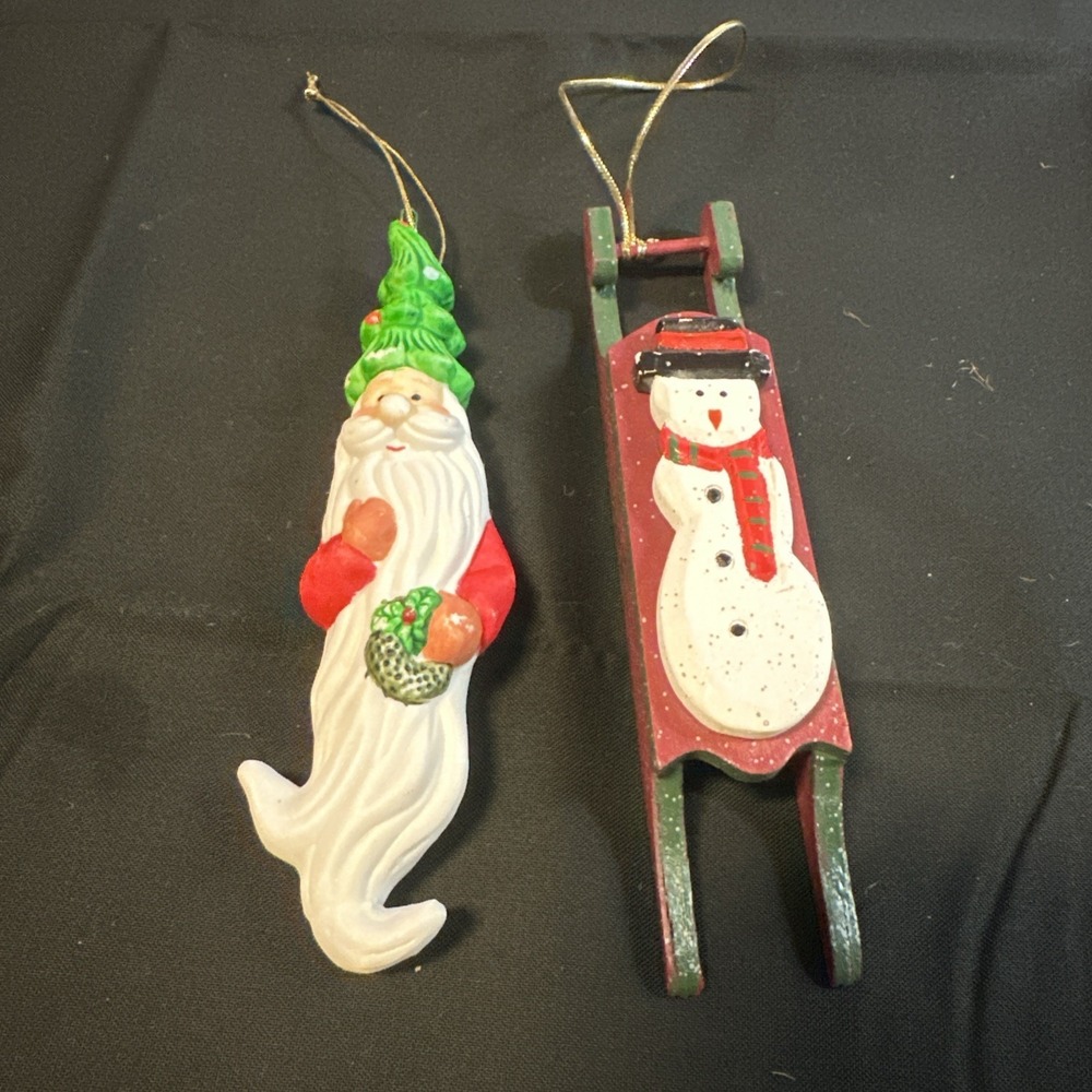 Pair of  Vintage Christmas Ornaments. Both are 5" Tall Snowman On A Sleigh Santa